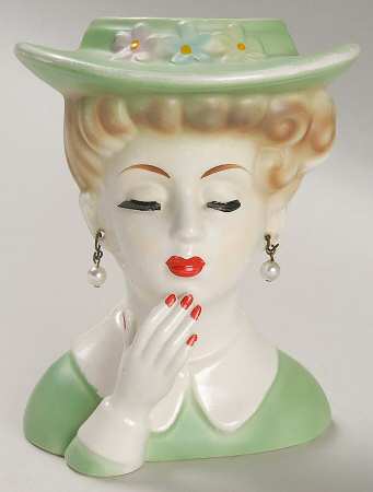 Trimont Miscellaneous Head Vase Lady Grn Hat & Drss Pierced Ea - No Box