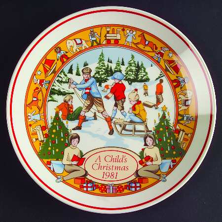 Childs Christmas Plate-Queensware Children Sledding - No Box