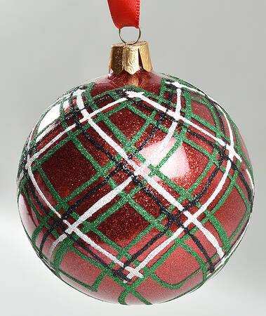 Red and Green with White, Silver Plaid Glitter Ball - Boxed
