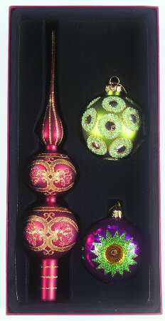 Tree Toppers-Blown Glass Charisma 3pc Set-Topper,2 Balls - No Box