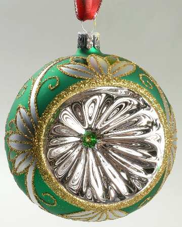 Green with Gold, Silver, White Emerald Scroll Reflector Ball - Boxed