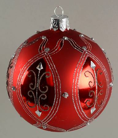 Holiday Heirloom-Red, White, Silver Diamond Filigree Ball - No Box