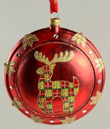 Red and Green with White, Silver Red Reindeer Medallion - Boxed