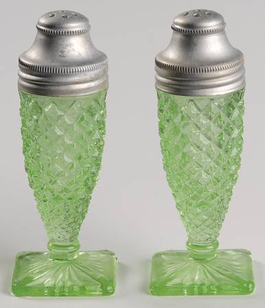 Miss America Green Footed Shaker Set & Metal Lids