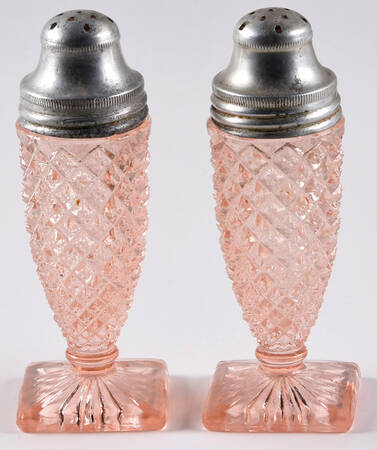 Miss America Pink Footed Shaker Set & Metal Lids