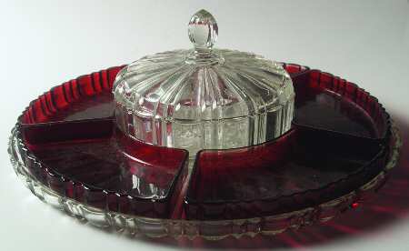 Old Cafe Clear 8 Piece Relish Set with Royal Ruby Inserts