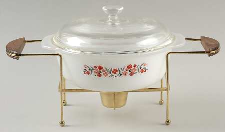 Primrose (Fire King) 1.5 Qt Round Covered Casserole w/Metal WarmerStand