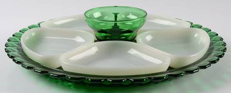 Waterford Forest Green 7 Piece Relish Service with Milk Glass Inserts