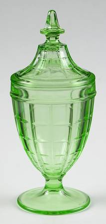 Colonial Block Green Footed Candy Dish & Lid