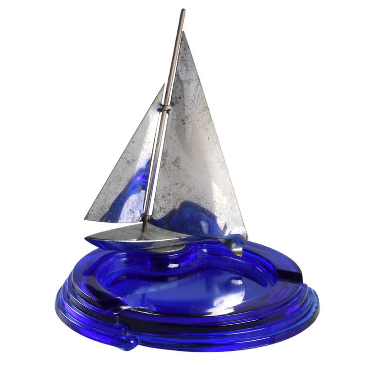 Ships Blue with White Ashtray with Attached Metal Ship