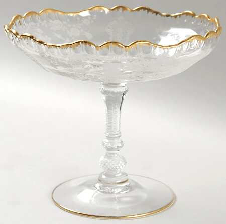 Rose Point Clear (Stem 3500, Gold Trim, Etched) Round Compote (Height X Width)