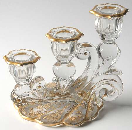 Rose Point Clear (Stem 3500, Gold Encrusted) Shape 3400/1338 3 Light Candlestick, Plain