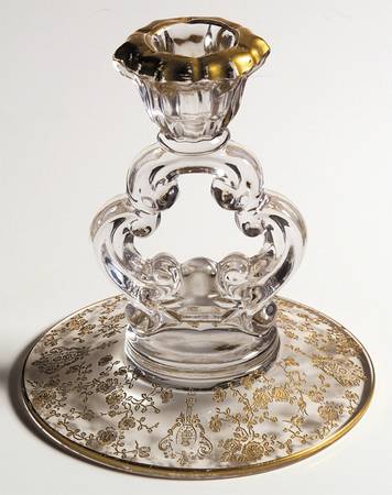 Rose Point Clear (Stem 3500, Gold Encrusted) 5" KeyHole Candlestick w/Round Base