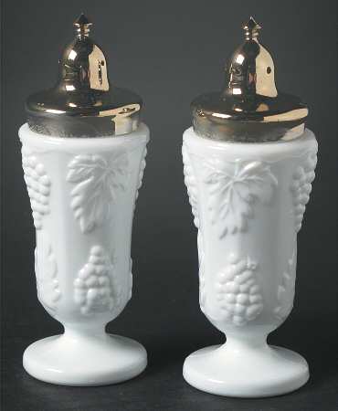 Harvest Milk Glass Footed Shaker Set & Metal Lids