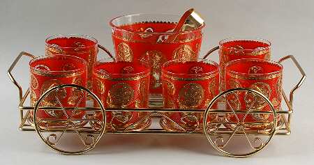 Paisley (9 Pc) Dbl Old Fashioned Bev Set W/Metal Tray,Tong