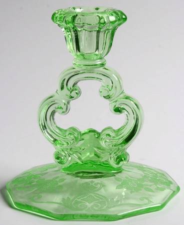 Apple Blossom Emerald Green (Stem 3130) 5" KeyHole Candlestick w/10 Sided Base
