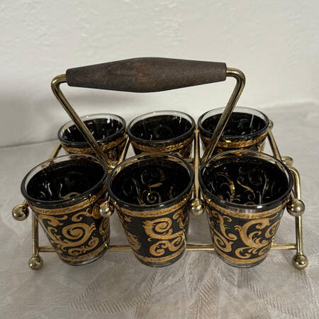 Ebony Baroque Shot Glasse - Set of 6 & Metal Holder