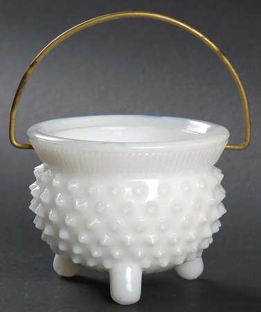 Hobnail Milk Glass Mustard Kettle No Lid with Wire Handle
