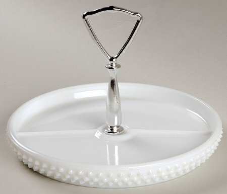 Hobnail Milk Glass Condiment Tray with Metal Center Handle