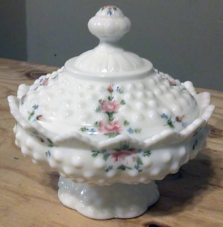 Roses on Hobnail Milk Glass by Fenton