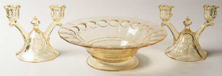 Thumbprint and Panel Yellow Candlestick Double Set of 2 and 11" Flare Bowl
