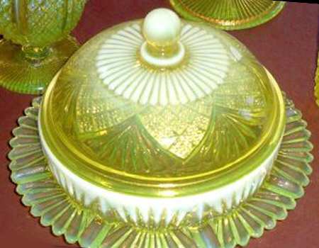 Prince Charles Vaseline (Opalescent) Round Covered Butter