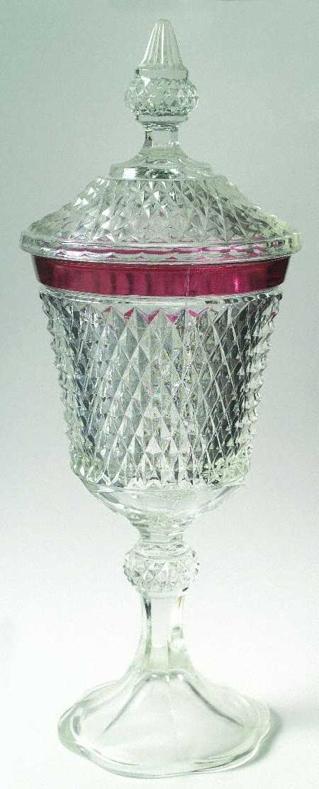Diamond Point Ruby Footed Urn W/Lid