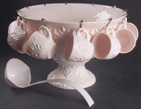 Shell Pink Milk Glass (15 Pc) Punch Set (Bowl,Plastic Ladle,Stand,12 Cp)