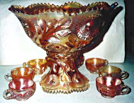 Hobstar and Feather Marigold Punch Bowl with Stand