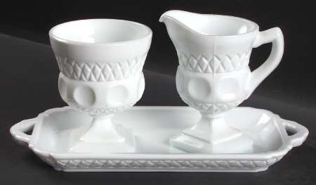 Lacette Milk Glass Creamer, Sugar and Tray Set