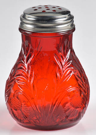 Inverted Thistle Ruby Red Sugar Shaker with Small Cast Top by Mosser (Ohio)