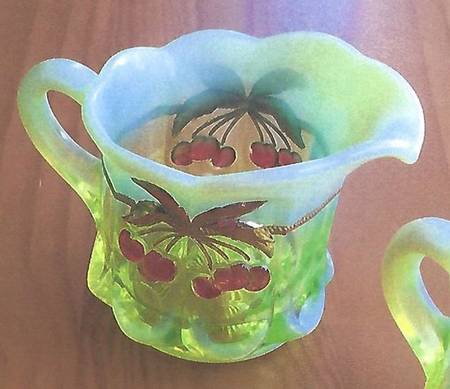 Cherry Thumbprint Vaseline Opal Decorated by Mosser (Ohio)