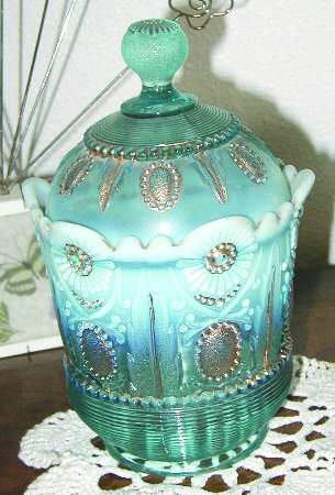 Jewel and Flower Blue Opalescent by Northwood