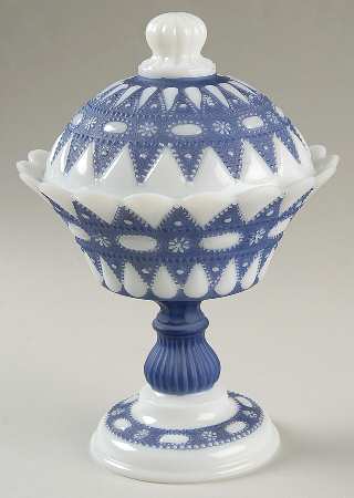 Lacy Dewdrop White Blue 9" Compote & Lid by Phoenix Glass