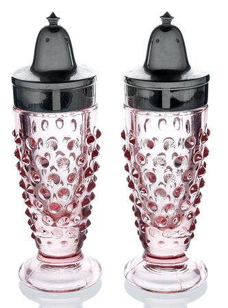 Hobnail Pink Footed Shaker Set & Metal Lids