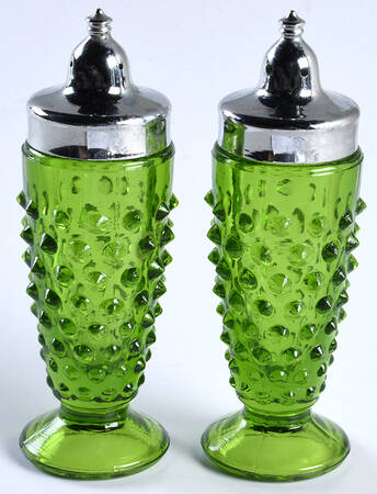 Hobnail Lime Green Footed Shaker Set & Metal Lids by Smith Glass 