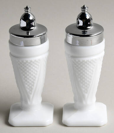 Early American Milk Glass Footed Shaker Set & Metal Lids
