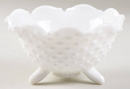 Hobnail Milk Glass 5" Round 3-Toed Crimped Bowl