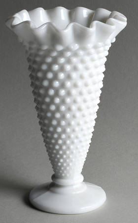 Hobnail Milk Glass 6" Crimped Vase