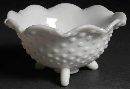 Hobnail Milk Glass 6" Round Crimped 3 Toed Bowl