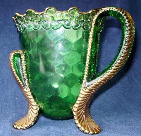 Honeycomb with Flower Rim Green (Gold Trim) by US Glass