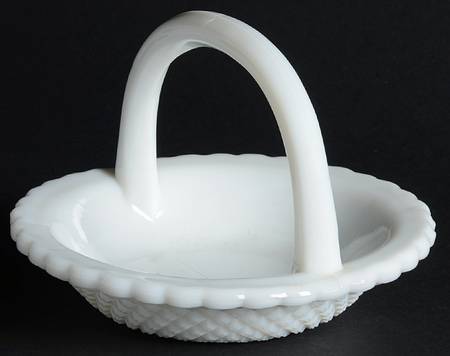 English Hobnail Milk Glass (Round or Hex Base) 5" Handled Basket