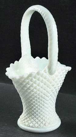 English Hobnail Milk Glass (Round or Hex Base) 9" Handled Basket
