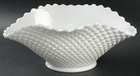 English Hobnail Milk Glass (Round or Hex Base) Oval Crimped Bowl