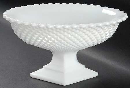 English Hobnail Milk Glass (Round or Hex Base) 9" Oval Footed Bowl