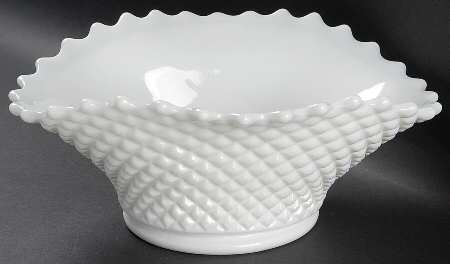 English Hobnail Milk Glass (Round or Hex Base) 9" Oval Crimped Bowl