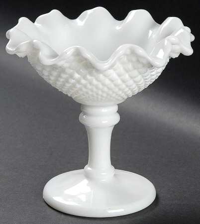 English Hobnail Milk Glass (Round or Hex Base) Crimped Round Compote (Height X Width)