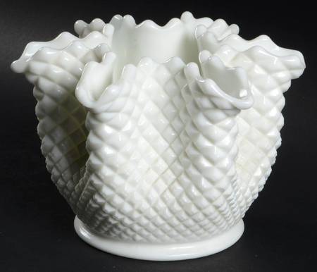English Hobnail Milk Glass (Round or Hex Base) 8" Round Crimped Bowl