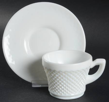 English Hobnail Milk Glass (Round or Hex Base) Cup and Saucer Set (Punch Cup)