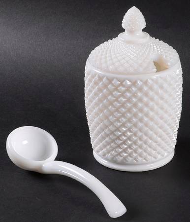English Hobnail Milk Glass (Round or Hex Base) Marmalade with Lid & Ladle